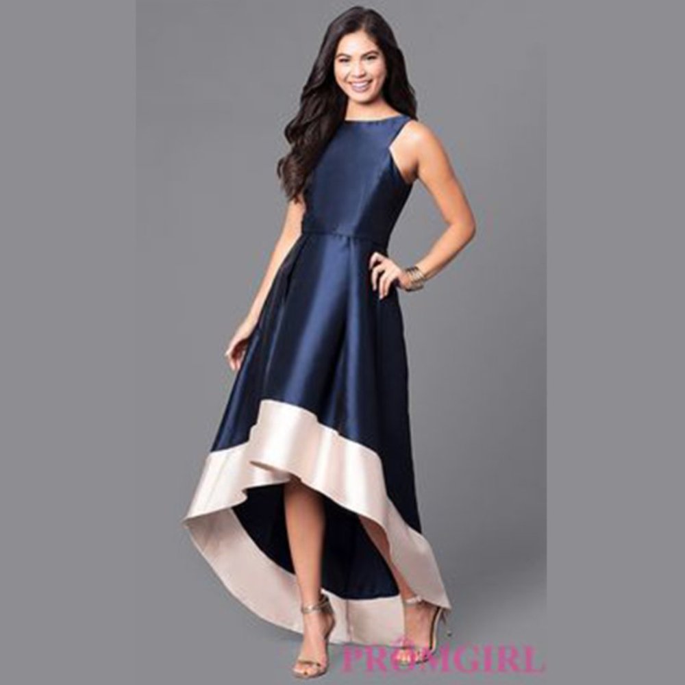 Navy Blue High Low Dress With Cream Trimming